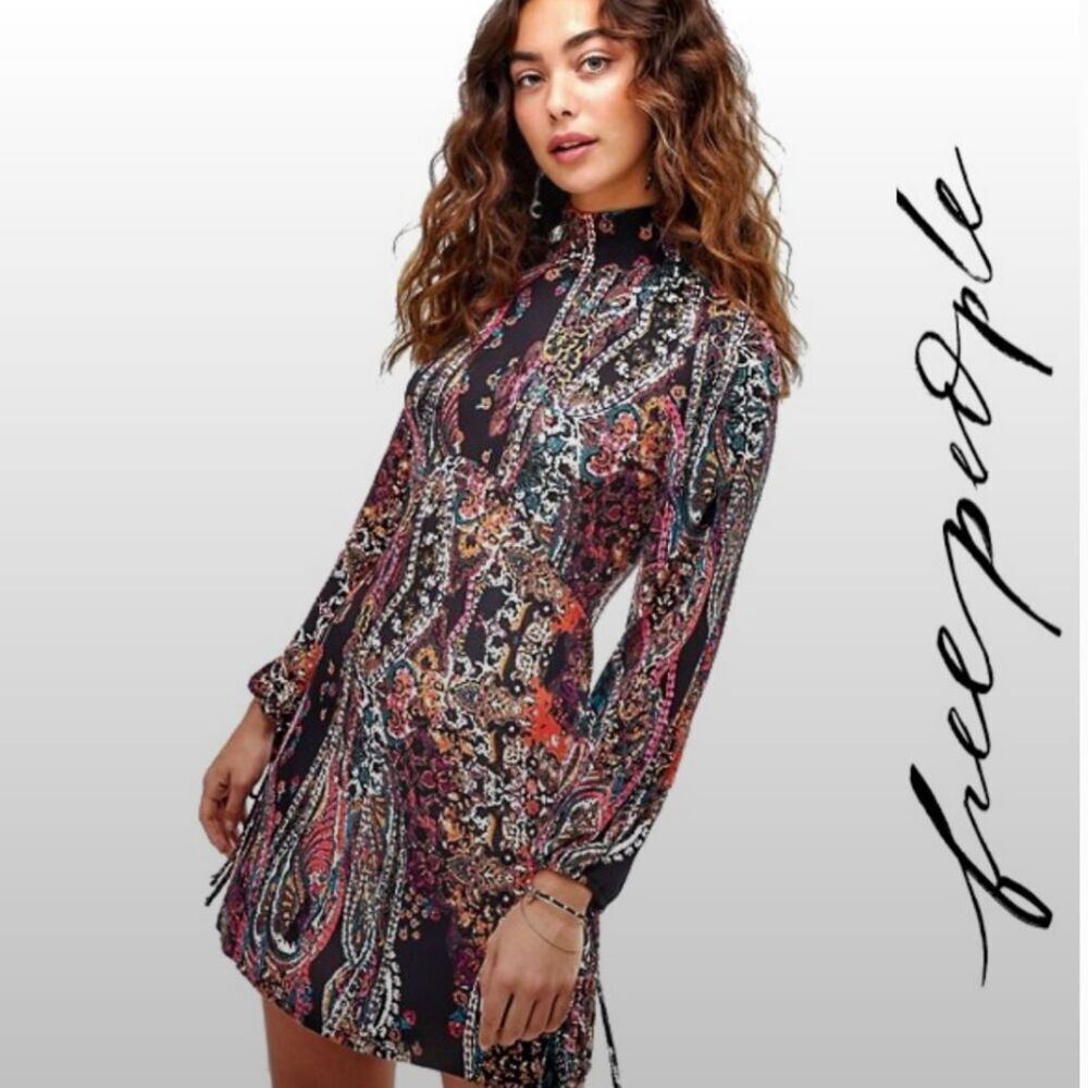 Free People All Dolled Up Open Back Long Sleeve Floral Paisley Mini Dress Size M